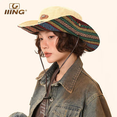 IIING Hat Control Summer Hat Women's Hiking and Hiking Western Cowboy Sun Protection Ethnic Style Fisherman Hat