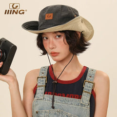 IIING hat control denim fisherman hat women's summer outdoor travel large brim mountaineering camping sunshade sun protection hat