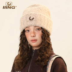 IIING hat control original design embroidered wool knitted hat women's autumn and winter hat loose thickened warm woolen hat