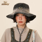IIING Hat Control Retro Washed Gradient Denim Fisherman Hat Women 2025 New Mountaineering Sun Shade Sun Protection Hat Men
