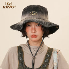 IIING Hat Control Retro Washed Gradient Denim Fisherman Hat Women 2025 New Mountaineering Sun Shade Sun Protection Hat Men