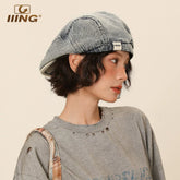 Retro denim beret, washed and distressed large headband hat, small casual beret showing off face IIING brand one-size-fits-all design