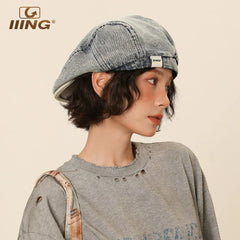 Retro denim beret, washed and distressed large headband hat, small casual beret showing off face IIING brand one-size-fits-all design