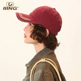IIING hat control burgundy retro college style baseball cap for women with big head, big face, versatile face-showing small duck tongue hat
