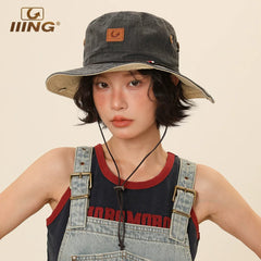 IIING hat control denim fisherman hat women's summer outdoor travel large brim mountaineering camping sunshade sun protection hat