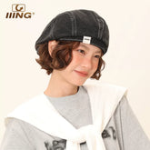 IIING washed denim beret, summer thin face-showing small hat, retro octagonal painter style hat, adjustable head circumference dome hat, unisex washed blue hat