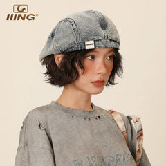 Retro denim beret, washed and distressed large headband hat, small casual beret showing off face IIING brand one-size-fits-all design
