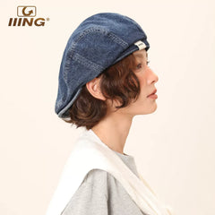 IIING washed denim beret, summer thin face-showing small hat, retro octagonal painter style hat, adjustable head circumference dome hat, unisex washed blue hat