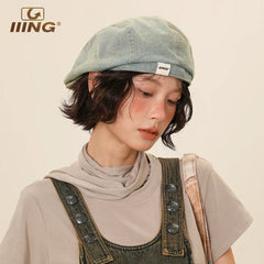 Retro denim beret, washed and distressed large headband hat, small casual beret showing off face IIING brand one-size-fits-all design