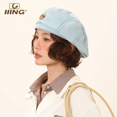 IIING Hat Control Summer Hat Women's Thin Large Head Circumference Fashionable Versatile Back-Weared Beret Showing Face Small Progressive Hat