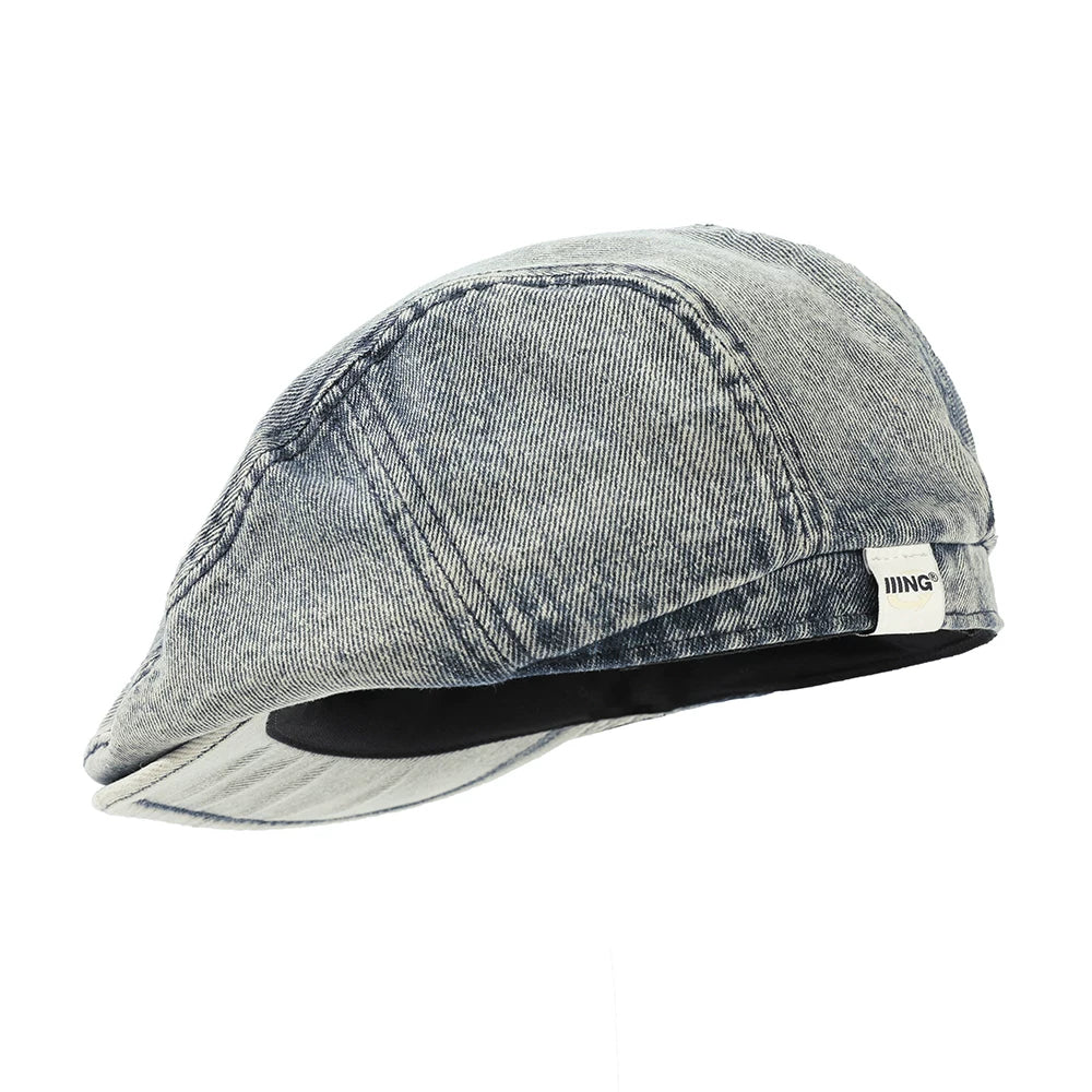 Retro denim beret, washed and distressed large headband hat, small casual beret showing off face IIING brand one-size-fits-all design