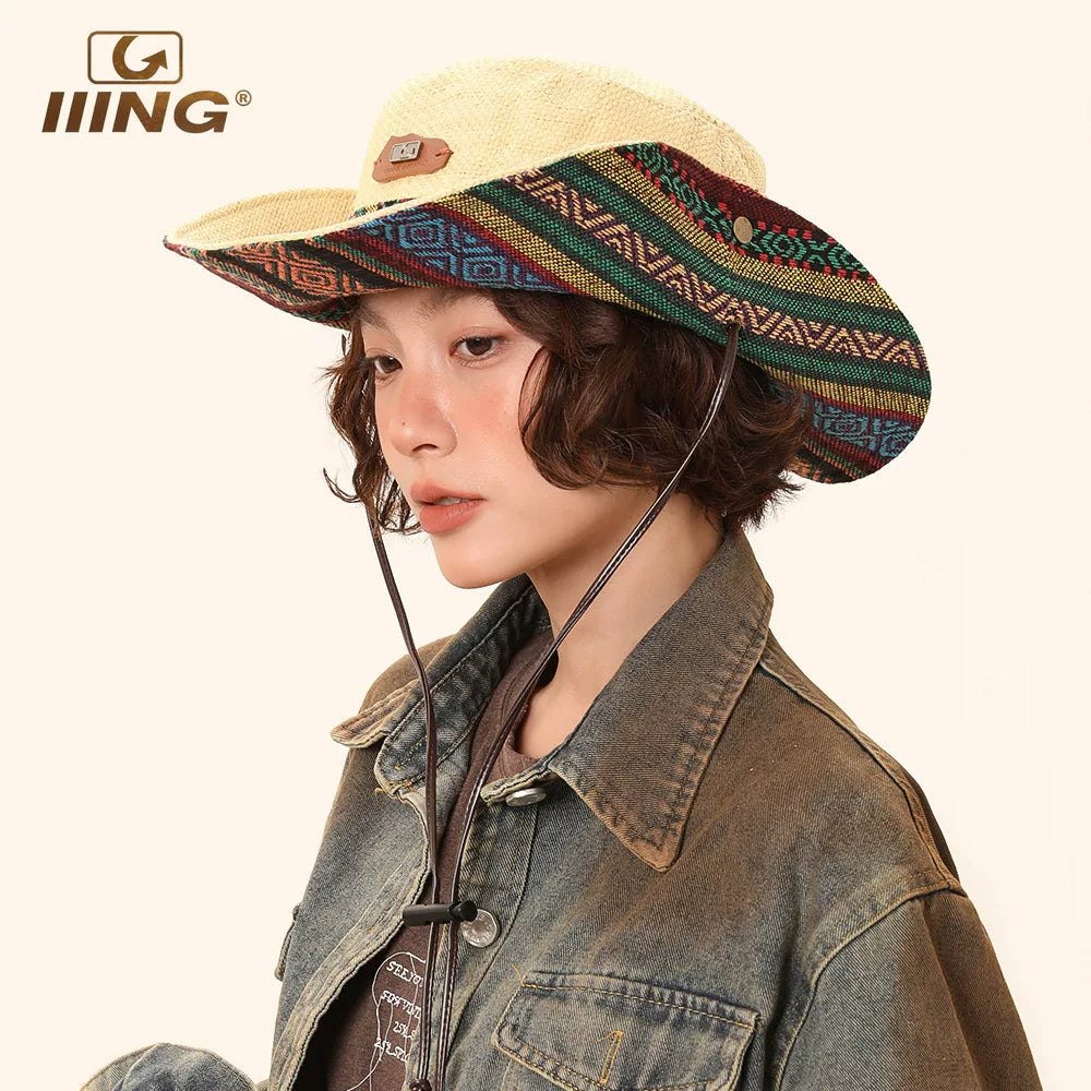 IIING Hat Control Summer Hat Women's Hiking and Hiking Western Cowboy Sun Protection Ethnic Style Fisherman Hat
