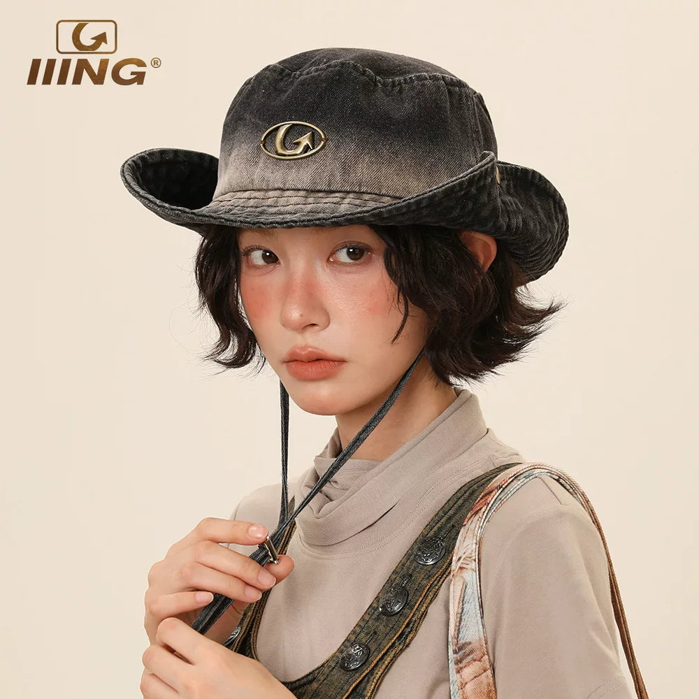 IIING Hat Control Retro Washed Gradient Denim Fisherman Hat Women 2025 New Mountaineering Sun Shade Sun Protection Hat Men