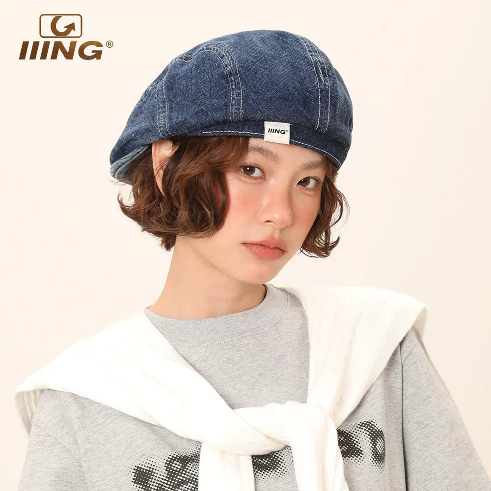 IIING washed denim beret, summer thin face-showing small hat, retro octagonal painter style hat, adjustable head circumference dome hat, unisex washed blue hat