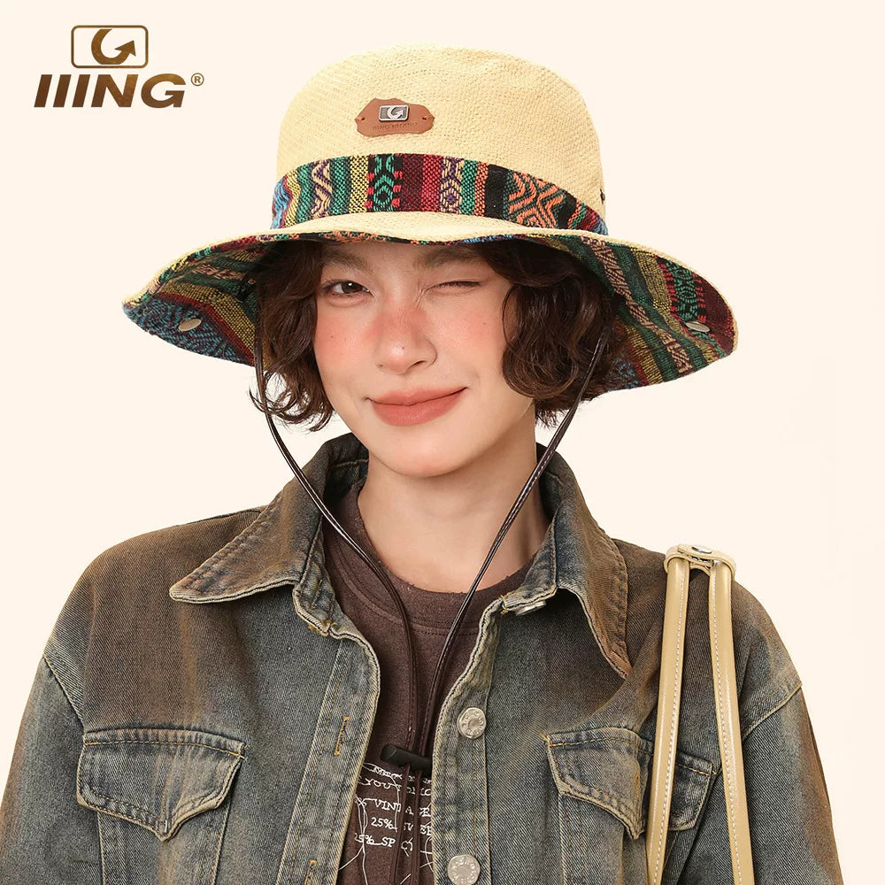 IIING Hat Control Summer Hat Women's Hiking and Hiking Western Cowboy Sun Protection Ethnic Style Fisherman Hat