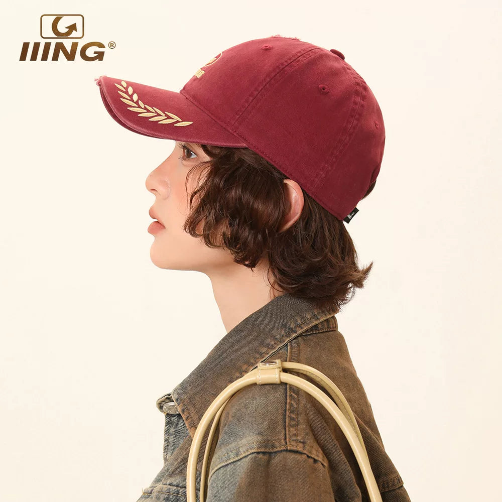 IIING hat control burgundy retro college style baseball cap for women with big head, big face, versatile face-showing small duck tongue hat