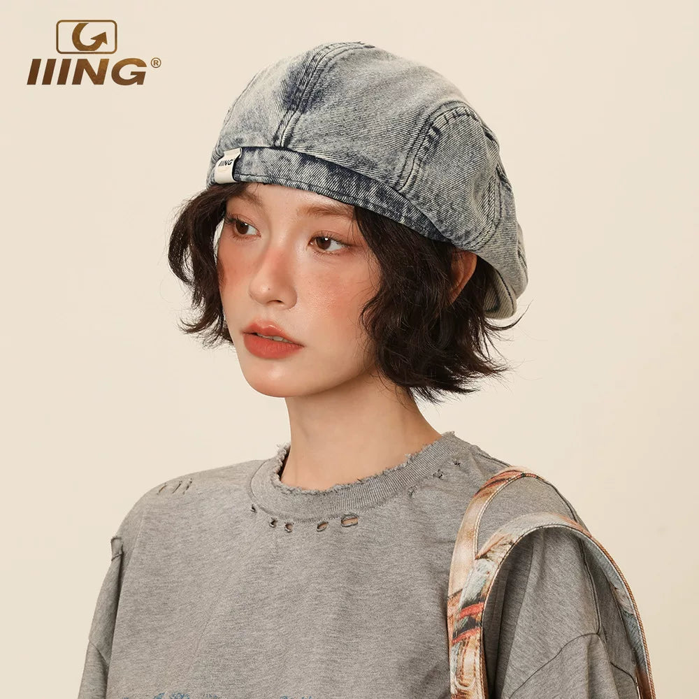 Retro denim beret, washed and distressed large headband hat, small casual beret showing off face IIING brand one-size-fits-all design
