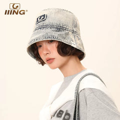 IIING hat control washed old denim fisherman hat women's summer fashion versatile sunshade big head circumference slim basin hat