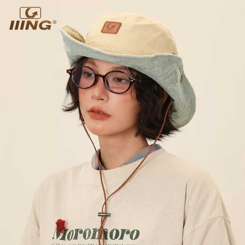 IIING hat control denim fisherman hat women's summer outdoor travel large brim mountaineering camping sunshade sun protection hat