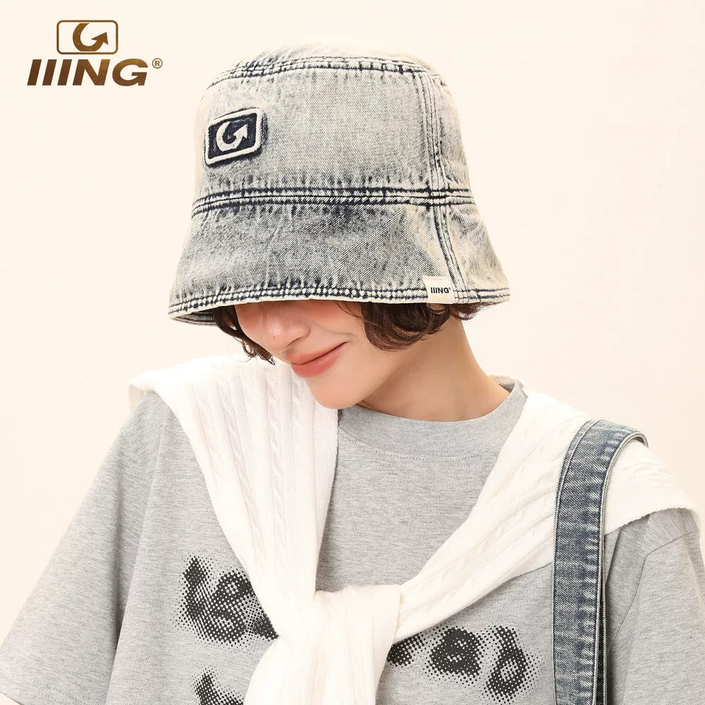 IIING hat control washed old denim fisherman hat women's summer fashion versatile sunshade big head circumference slim basin hat