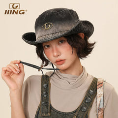 IIING Hat Control Retro Washed Gradient Denim Fisherman Hat Women 2025 New Mountaineering Sun Shade Sun Protection Hat Men