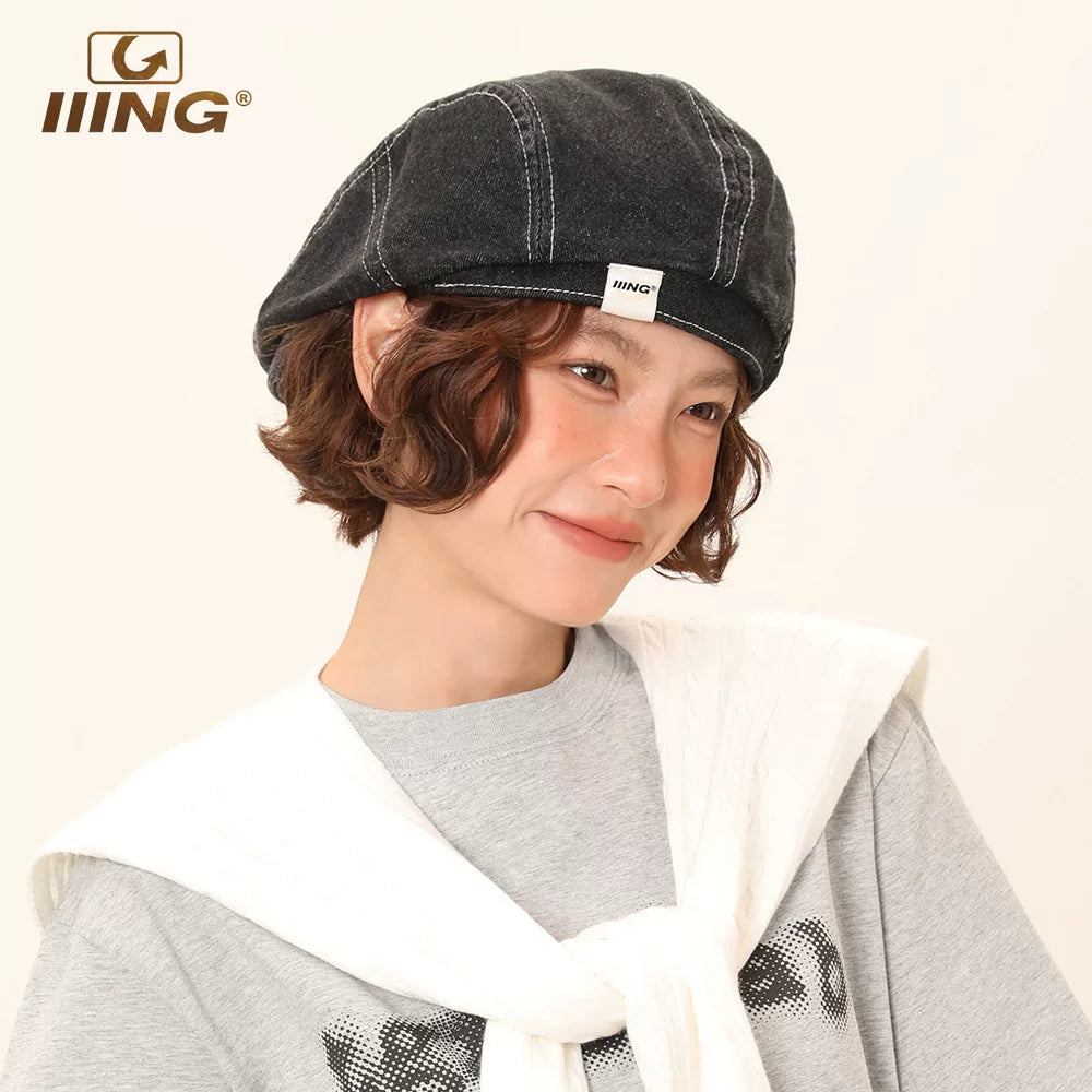 IIING washed denim beret, summer thin face-showing small hat, retro octagonal painter style hat, adjustable head circumference dome hat, unisex washed blue hat