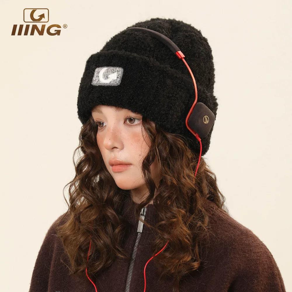 IIING hat control original design embroidered wool knitted hat women's autumn and winter hat loose thickened warm woolen hat