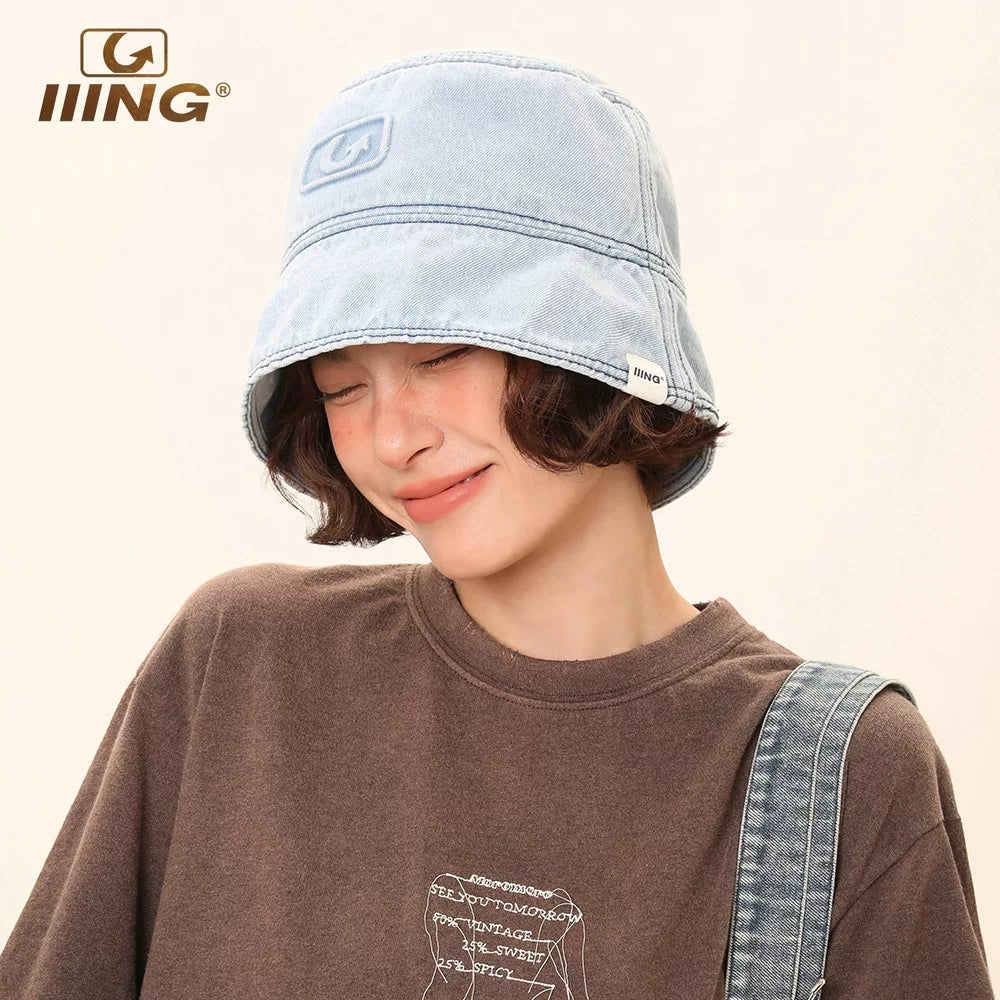 IIING hat control washed old denim fisherman hat women's summer fashion versatile sunshade big head circumference slim basin hat
