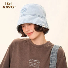 IIING hat control washed old denim fisherman hat women's summer fashion versatile sunshade big head circumference slim basin hat