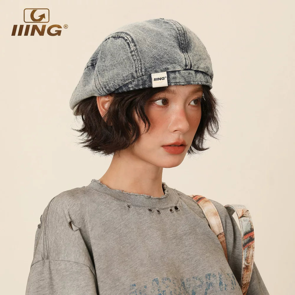 Retro denim beret, washed and distressed large headband hat, small casual beret showing off face IIING brand one-size-fits-all design