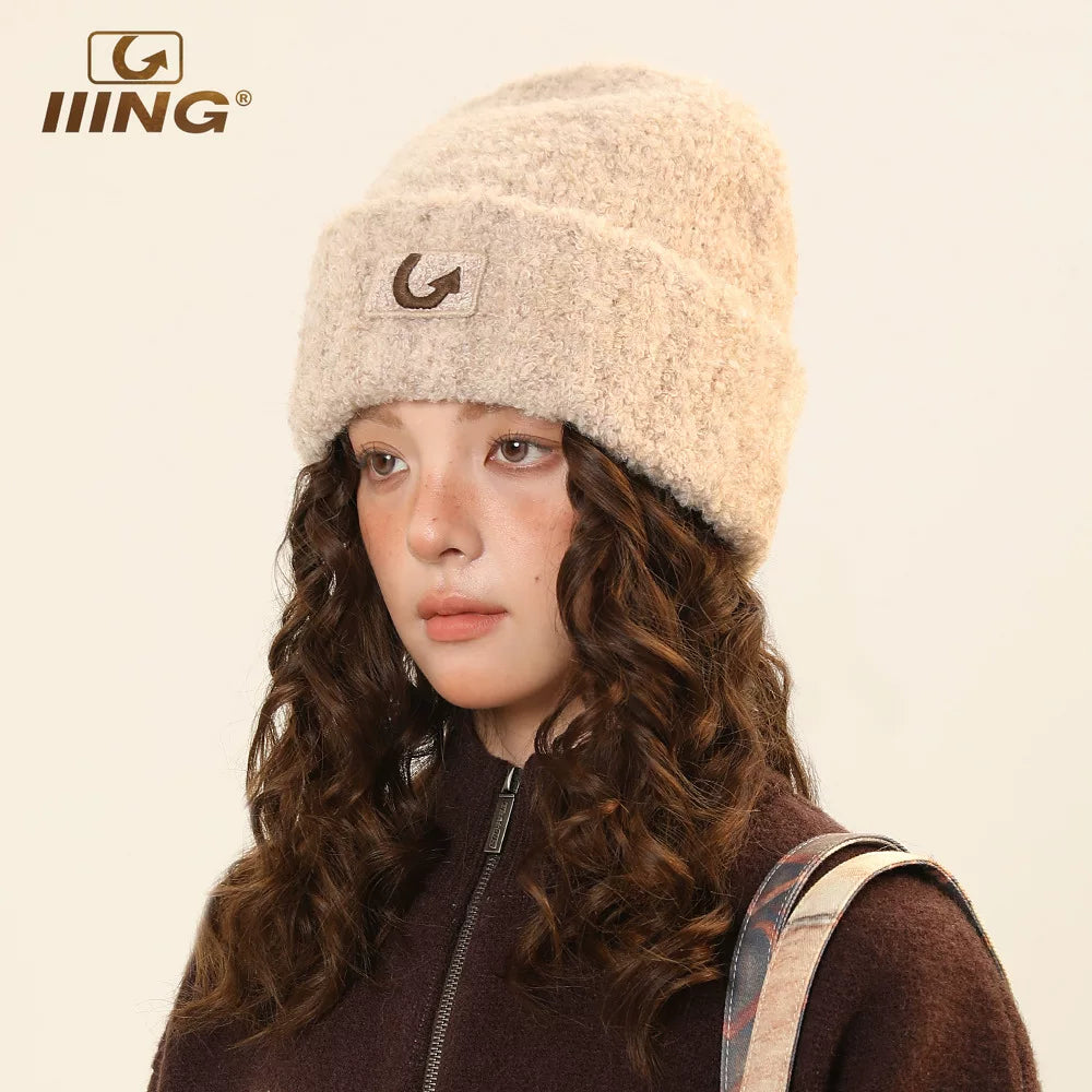 IIING hat control original design embroidered wool knitted hat women's autumn and winter hat loose thickened warm woolen hat