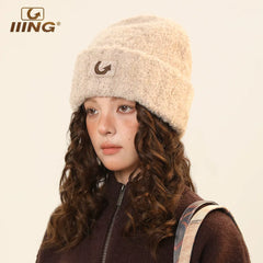 IIING hat control original design embroidered wool knitted hat women's autumn and winter hat loose thickened warm woolen hat