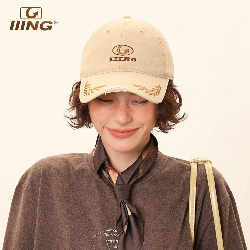 IIING hat control burgundy retro college style baseball cap for women with big head, big face, versatile face-showing small duck tongue hat