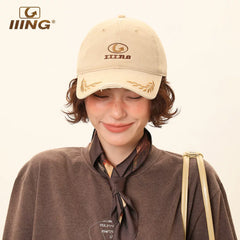 IIING hat control burgundy retro college style baseball cap for women with big head, big face, versatile face-showing small duck tongue hat