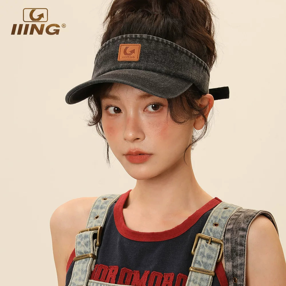 IIING hat control original washed retro denim hollow hat for women summer sports sun protection visor peaked hat for men