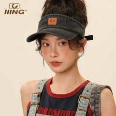 IIING hat control original washed retro denim hollow hat for women summer sports sun protection visor peaked hat for men